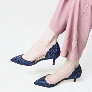 XYD Women's Pumps,Pointed Toe, D'Orsay Kitten Low Heels, Rhinestone Studs,Blue
